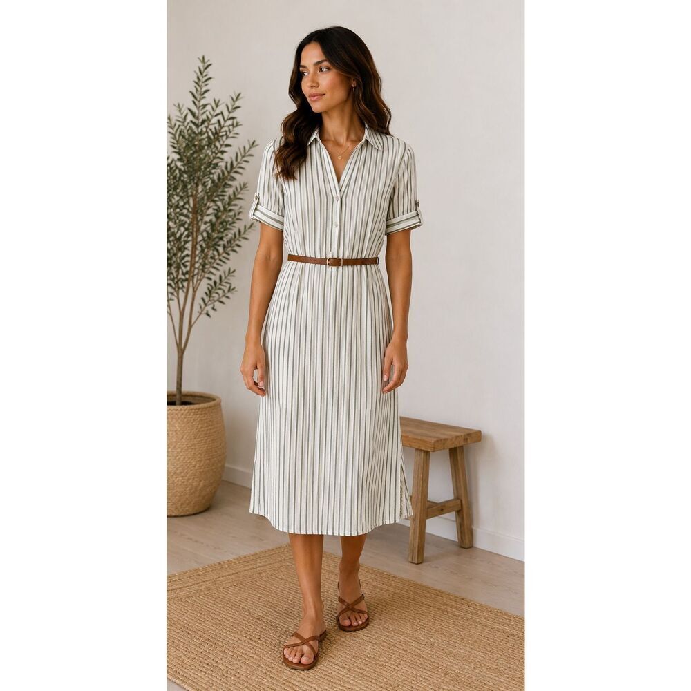 Vero Moda Cassie Striped 2/4 Calf Shirt Dress in White w/ Green Stripes Size M